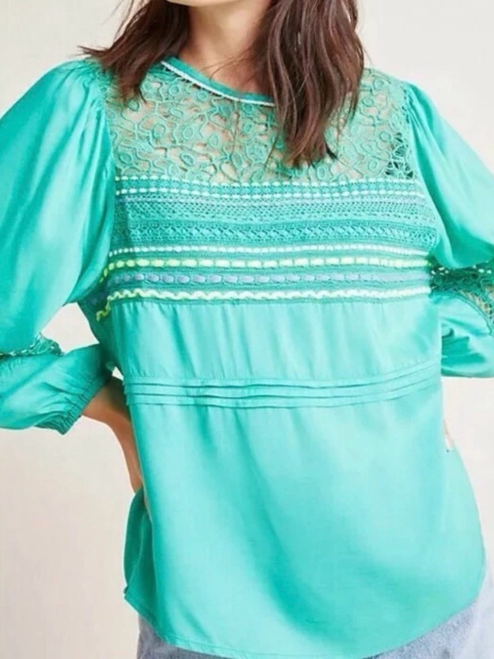 Anthropologie Green Lace Embroidered Blouse